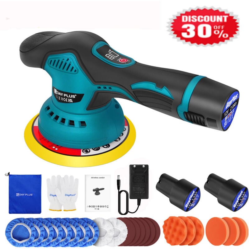 Dayplus - 2 Akku 12V Poliermaschine 150mm Polierer Poliergerät Schleifmaschine 8 Gänge