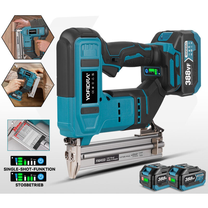 2 in 1 Akku-Nagler für den professionellen Einsatz (gerade Nägel 10–30 mm, codierte Nägel 4 mm breit 10–22 mm) – Mit zwei Akkus, 3000 geraden Nägeln