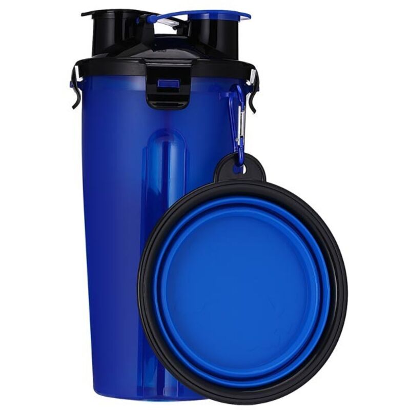 2-in-1 Hunde-Wasser- und Futterflasche mit faltbarem Napf – Doppelkammer, auslaufsicherer Deckel, leicht zu tragen, griffig – geeignet für