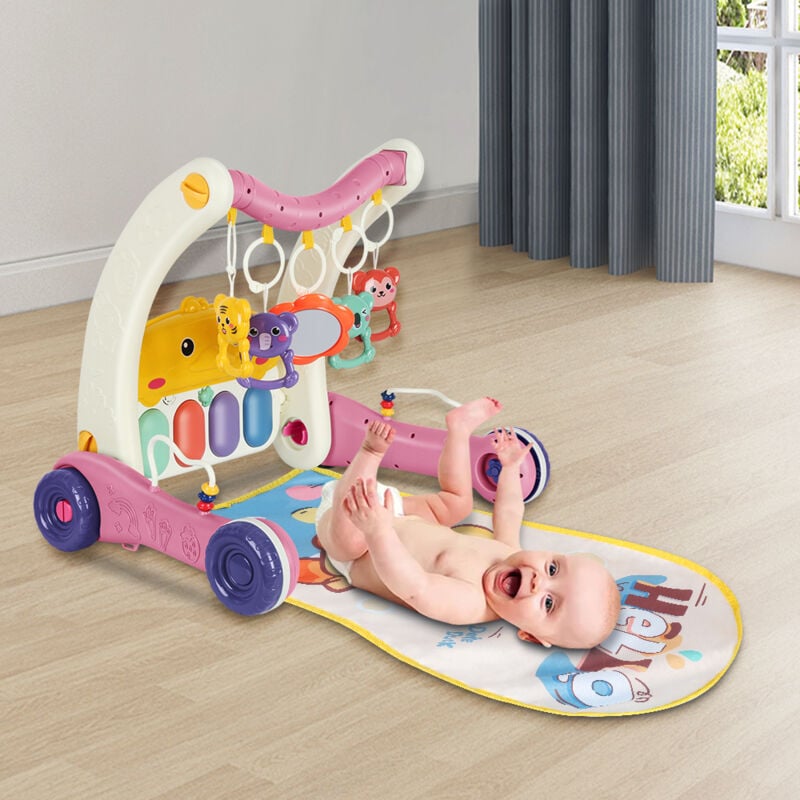 Skecten - 2 in 1 Lauflernhilfe Lauflernwagen Spielmatte mit Spielbogen und Musik Lernspielzeug für Baby Rosa