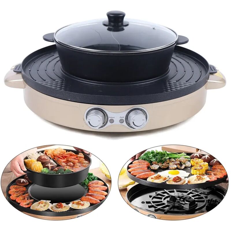 2-in-1-Multifunktions-Elektro-BBQ-Hotpot, tragbarer rauchfreier Elektro-Hotpot, 2200 W, für Zuhause, drinnen, rauchfrei, doppelte Trennung (golden)