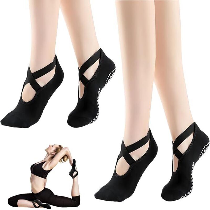 2 Paar Damen Anti-Rutsch Socken, Pilates Socken Baumwolle (EU35-40), Schwarze Anti-Rutsch Yoga Socken, Damen Yoga Socken, für Tanz, Ballett, Fitness