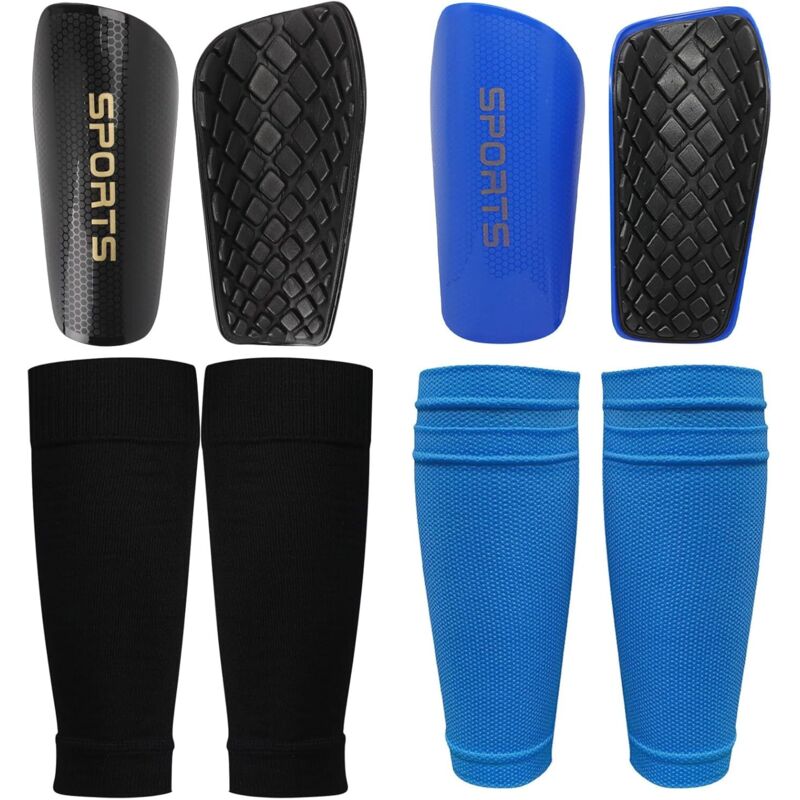2 Paar Schienbeinschoner Kinder Fußball – Kinder Fussball Elastische Einstecktasche Kompressionssocken + schienbeinschoner fußball – 1× Schwarz, 1×