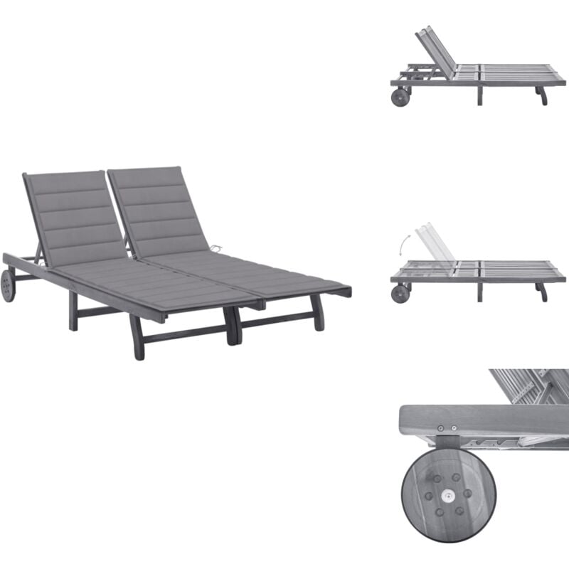 2-Personen-Sonnenliege mit Auflage Grau Akazie Massivholz - Holz-Sonnenliege - Gartenliege - Akzientliegensonnenliege - Lounge Chair - Gartenmöbel