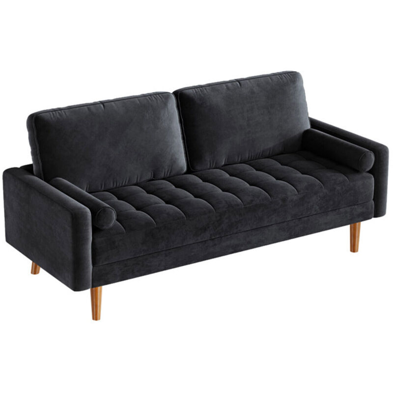2-Sitzer-Sofa aus Samt mit 2 Kissen, gerades Sofa mit Armlehnen, Loveseat-Sofa mit gerollten Armlehnen, 148 x 78 x 85 cm, Schwarz