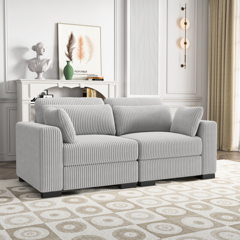 2-Sitzer-Sofa – großes, bequemes Sofa aus Cord – mit 2 Kissen – gerades, gepolstertes Sofa – Loveseat mit Armlehnen – 188x88x85 cm – Grau