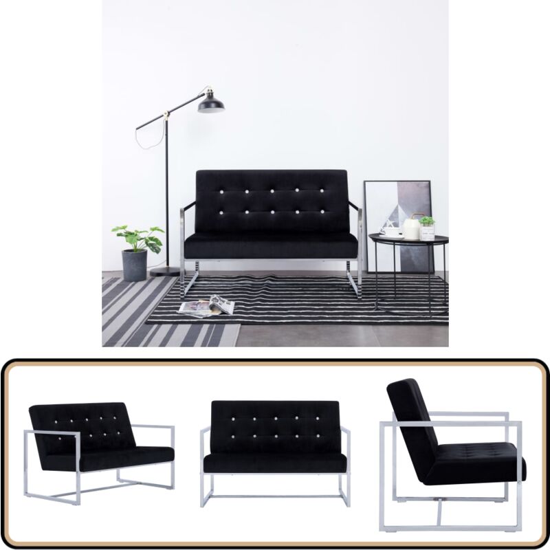 2-Sitzer-Sofa mit Armlehnen Schwarz Chrom und Samt - 2-Sitzer Sofa - Wohnzimmersofa - Schwarzes Sofa - Samtsofa - Chrombeinige Couch