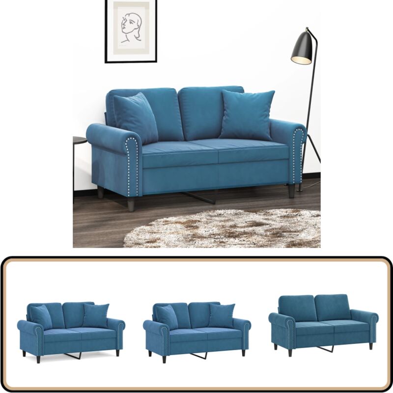 2-Sitzer-Sofa mit Zierkissen Blau 120 cm Samt - Samtsofa - 2-Sitzer-Sofa - Wohnzimmersofa - Blau Sofa - Gemütliches Sofa