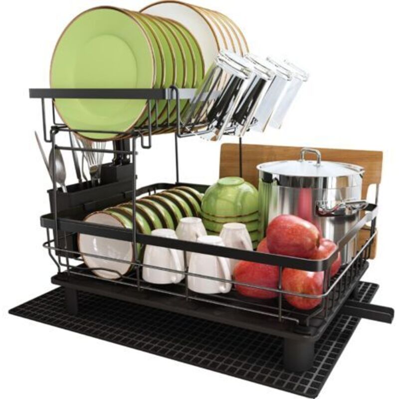 2-stöckiger Geschirr-Trockenständer für die Küche, Geschirr-Trockenständer aus Edelstahl mit Tassen- und Utensilienhaltern, großer schwarzer
