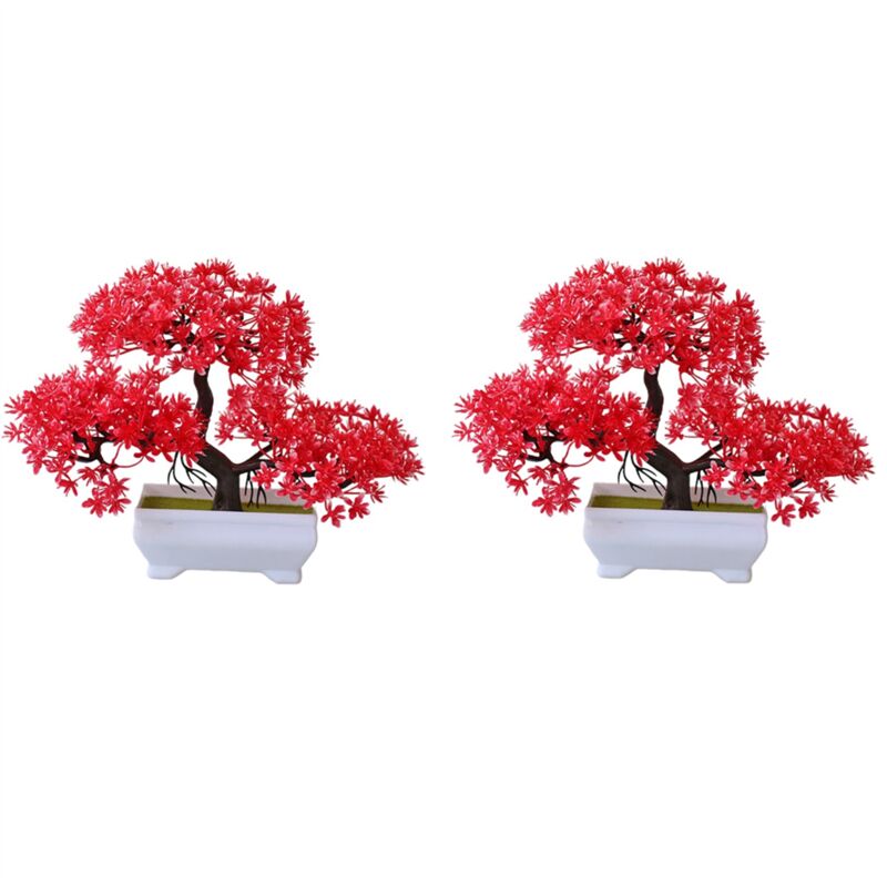 2 Stück Künstliche Pflanze Bonsai Kunststoff Kleiner Baum Topf Gefälschte Blume Topf Ornamente für Zuhause Zimmer Tisch, Rot