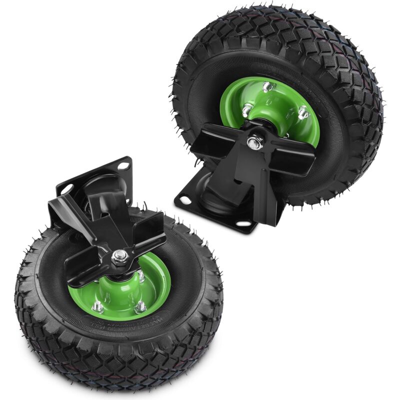 2 Stück Lenkrollen mit Bremse Set ø 250 x 90 mm Rad, Ruhig Luftrad auf Stahlfelge Schwartz mit Stoßdämpfung, Bollerwagen & Transportwagen Kit