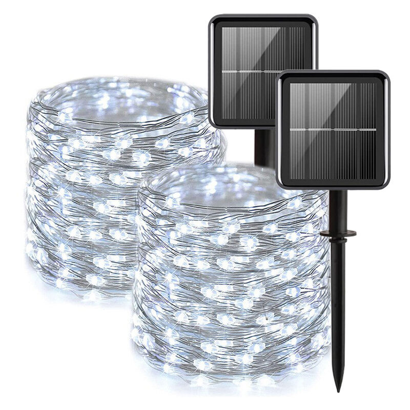 2 Stück Solar-Lichterkette, 10 m, 100 LEDs, 8 Modi, geeignet für Weihnachtsbaum, Garten, Balkondekoration, Kaltweiß