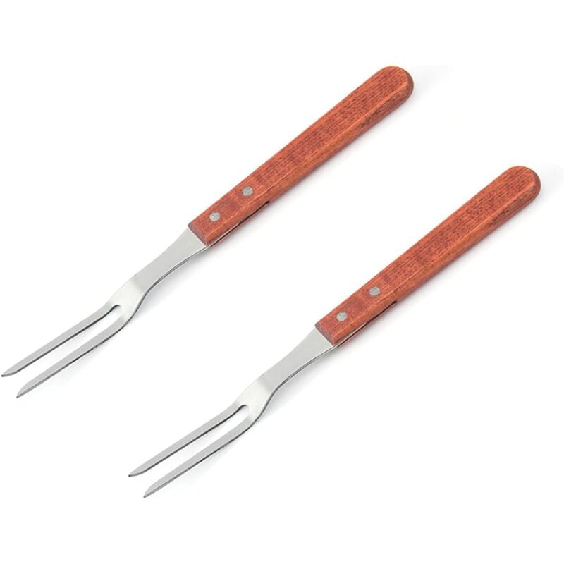 Aougo - 2 Stück Tranchiergabel aus Edelstahl, Fleischgabel, Kochgabel mit Holzgriff, Bratstäbchen, 33 x 3 cm, für Fleisch und Geflügel, Hot-Dog-Gabel