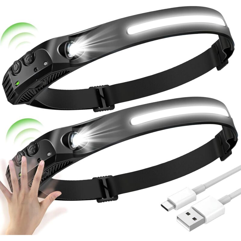 2 STÜCKE LED-Stirnlampe, COB+XPE 5 Modelle LED-Stirnlampe, Sensor-LED-Stirnlampe, USB wiederaufladbare wasserdichte LED-Stirnlampe,