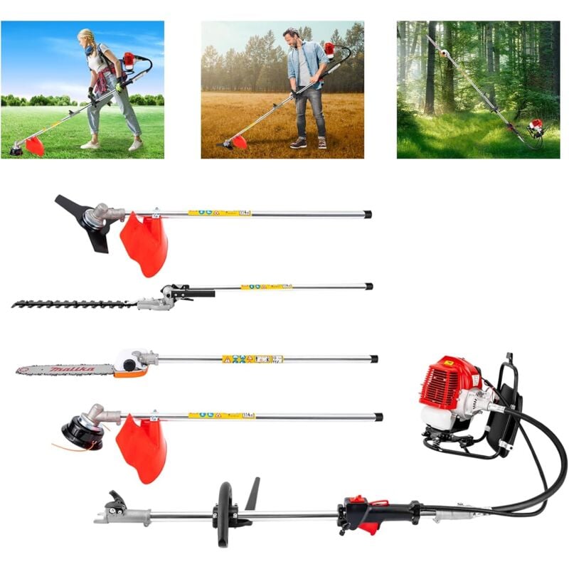 2-Takt Benzin Motorsense 4in1 Multitool 52CC Freischneider Trimmer Rucksack, Gartenwerkzeuge im Set, Rasentrimmer Kombigerät Rasentrimmer