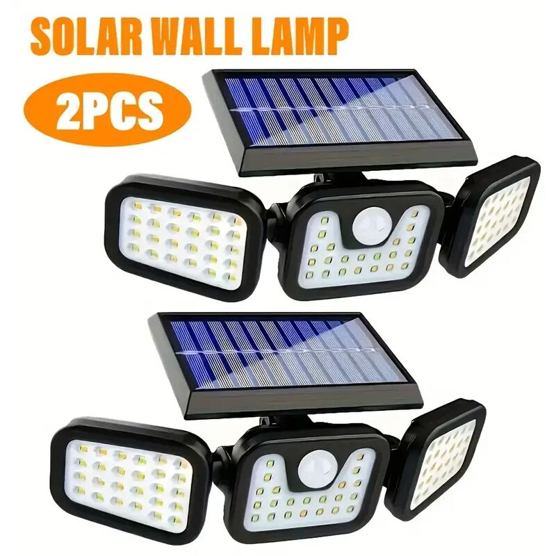2-teilige Solar-Wandleuchte für den gewerblichen Einsatz, 74 LEDs mit Bewegungsmelder, 270° Weitwinkelbeleuchtung, 3 Beleuchtungsmodi