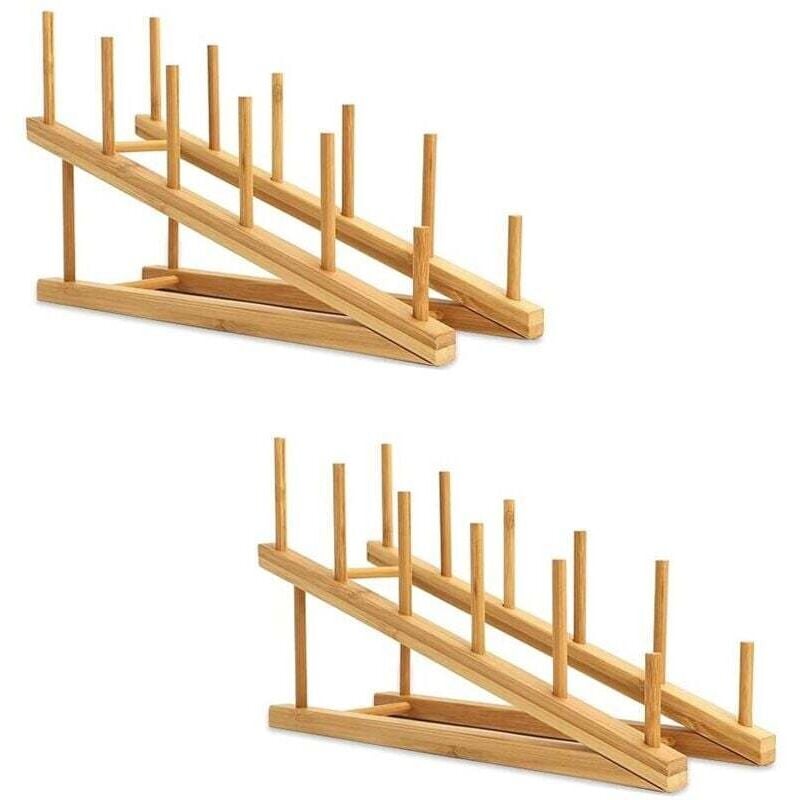 2-teiliges Geschirrgestell aus Holz, Bambus, für Teller, Topfdeckel, Abtropfgestell, Küchenschrank-Organizer für Teller