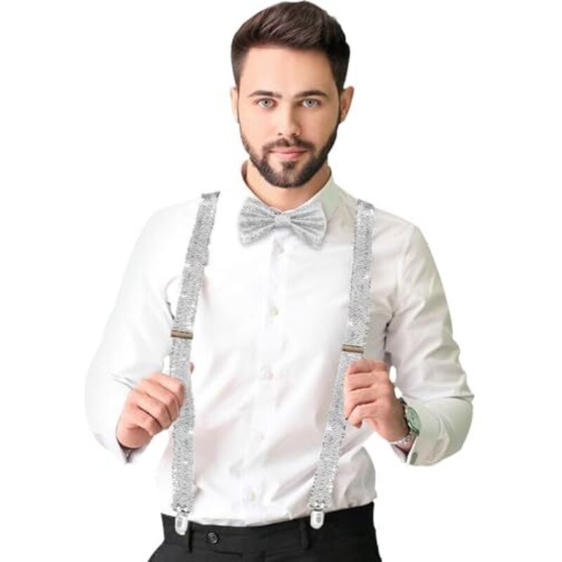 2-teiliges Glitzer Fliege und Glitzer Krawatte Herren Set, Glitzer Outfit Herren, Herren Pailletten Hosenträger Set für Karnevals Themenparty Zubehör