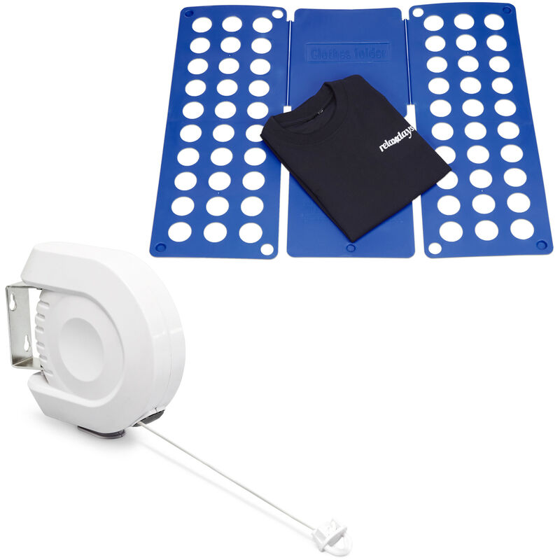 2 teiliges Haushalts Set, Wäscheleine ausziehbar bis 12 m, 1 Leine, Indoor und Outdoor, großes Faltbrett für Hemden und T-Shirts