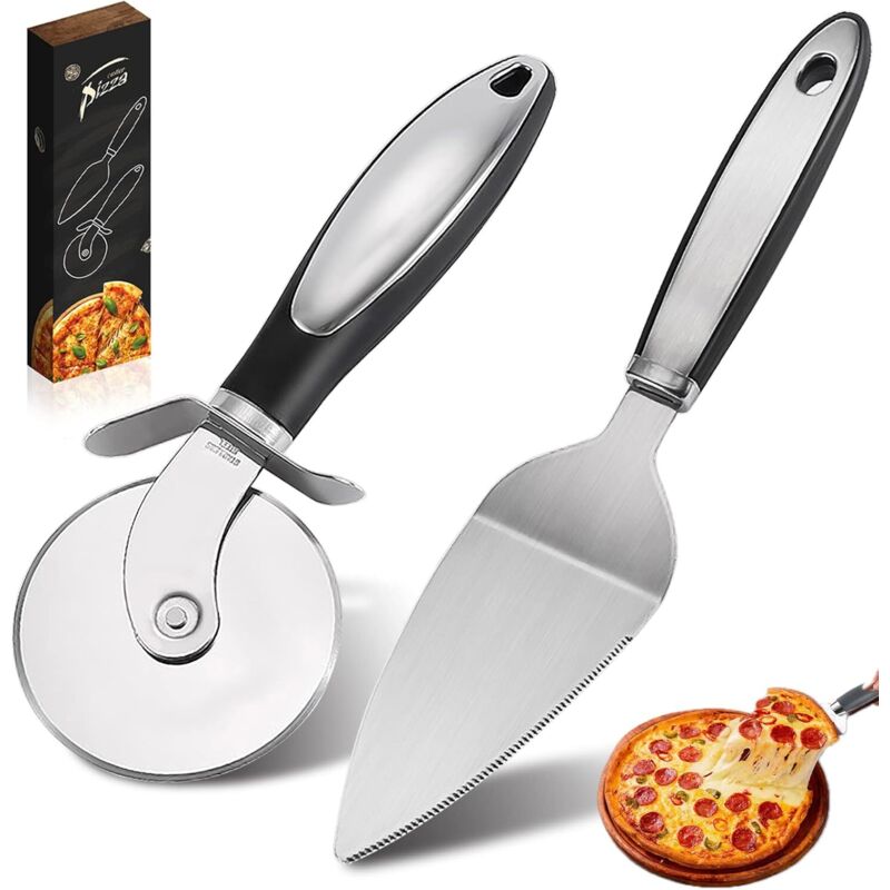 Set di 2 pezzi di rotella per pizza e pala per pizza, acciaio inossidabile con impugnatura antiscivolo