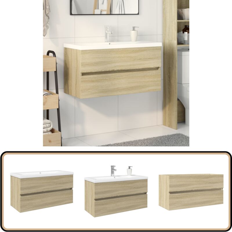 2-tlg. Badmöbel-Set Keramik und Holzwerkstoff - Badmöbel-Set - Holzwerkstoff - Keramikwaschbecken - Sonoma-Eiche - Badezimmermöbel