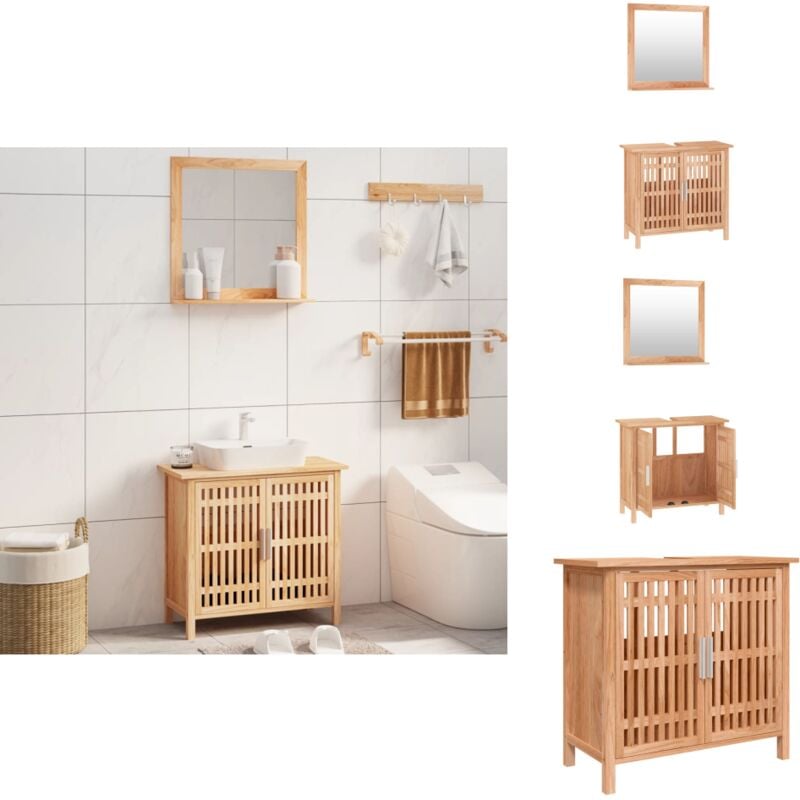 2-tlg. Badmöbel-Set Massivholz Nussbaum - Badmöbel - Badmöbel-Set - Nussbaumholzmöbel - Waschtischunterschrank - Spiegel