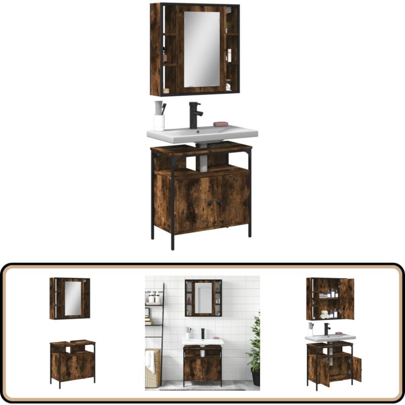 2-tlg. Badmöbel-Set Räuchereiche Holzwerkstoff - Badezimmermöbel - Badmöbel-Set - Holzwerkstoff - Rauchfarbe - Spiegelschrank