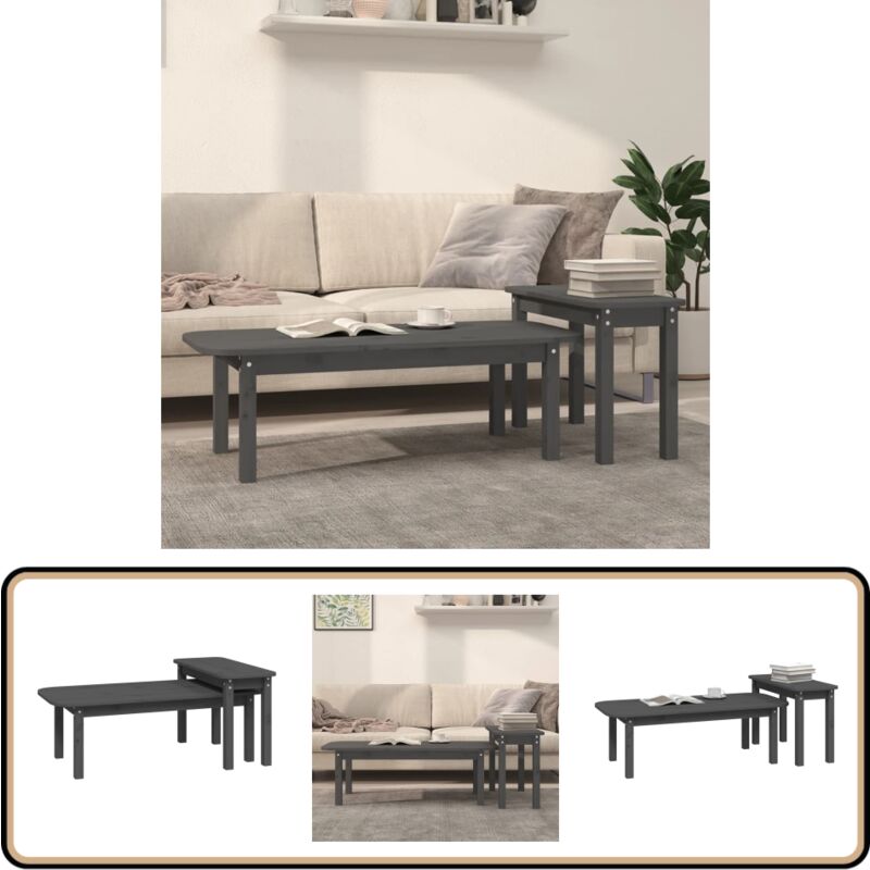 2-tlg. Couchtisch-Set Grau Massivholz Kiefer - Holz Couchtisch - Kiefernholzmöbel - Couchtisch Set - Wohnzimmerdeko - Side Table