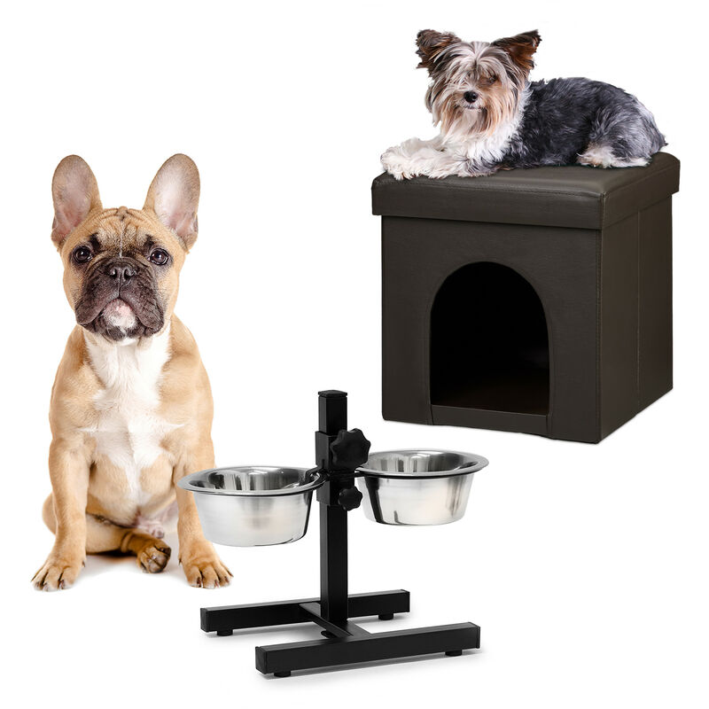 2 tlg Set Home Sweet Hund Deluxe m, Hundebox braun, Sitzhocker mit Tierhöhle, Doppelnapf höhenverstellbar, Futterstation