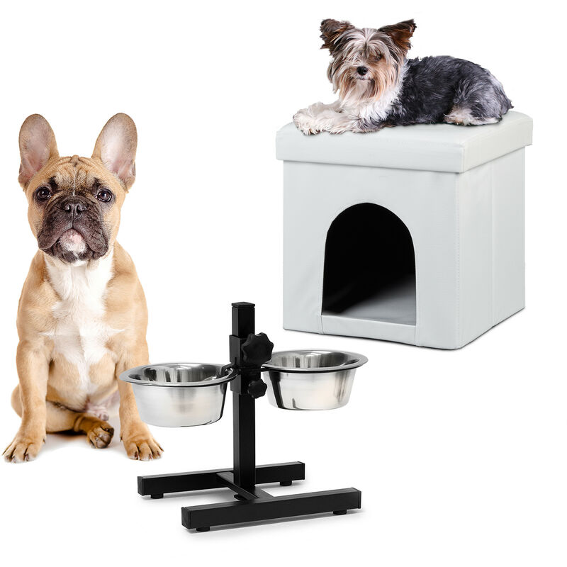 2 tlg Set Home Sweet Hund Deluxe M, Hundebox weiß, Sitzhocker mit Tierhöhle, Doppelnapf höhenverstellbar, Futterstation