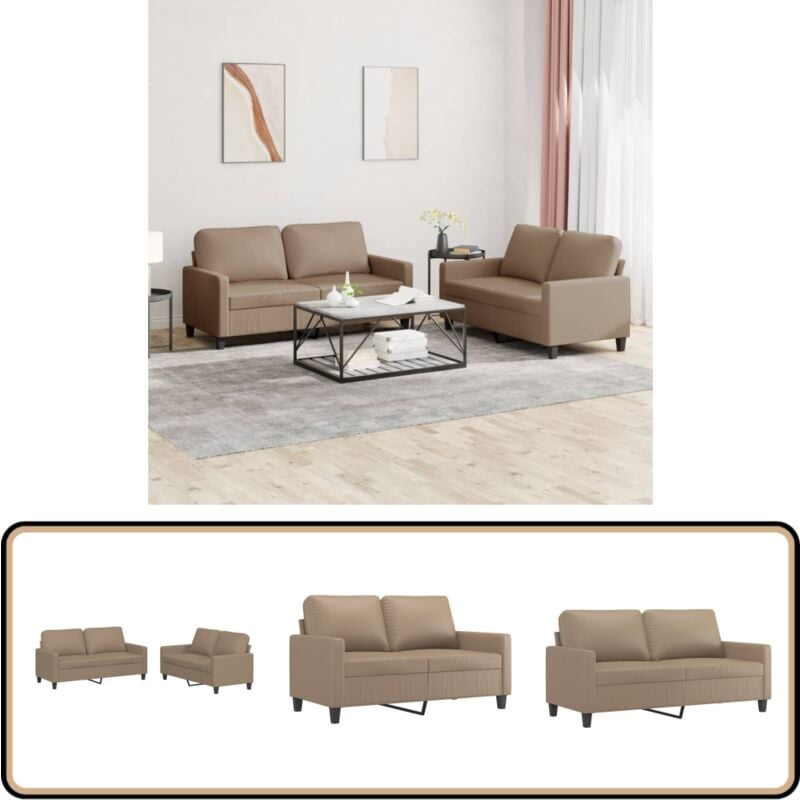 2-tlg. Sofagarnitur mit Kissen Cappuccino-Braun Kunstleder - Couch - 2er Set - Wohnlandschaft - Ledercouch - Kunstleder Sofa