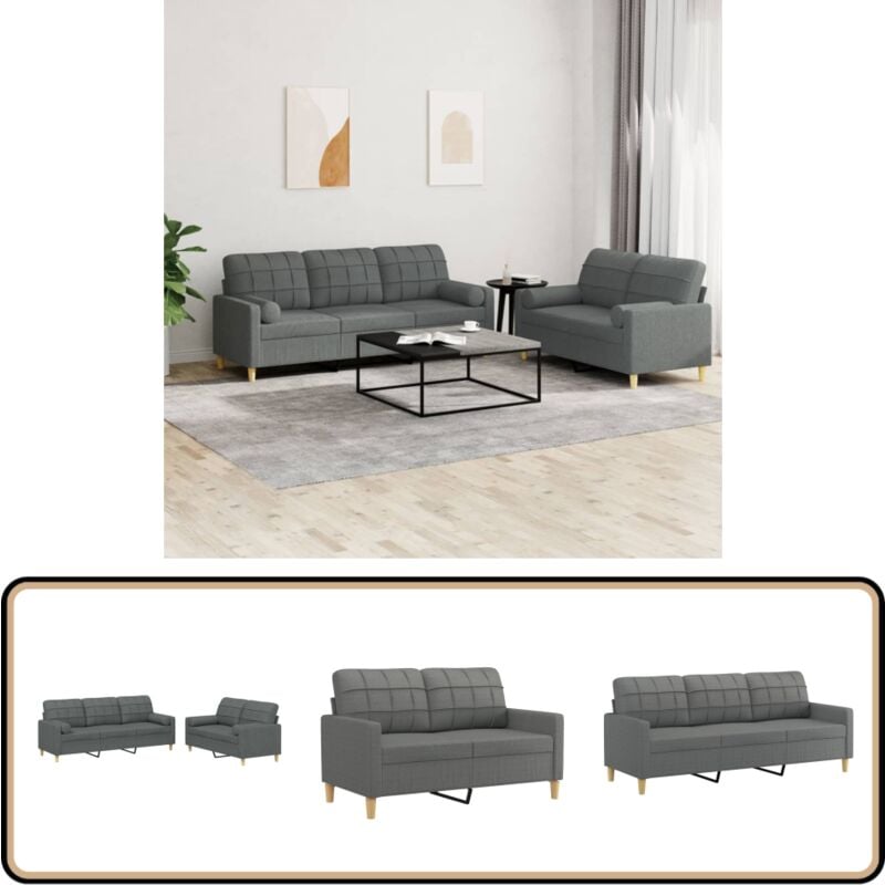 2-tlg. Sofagarnitur mit Kissen Dunkelgrau Stoff - Couchgarnitur - Wohnlandschaft - Dunkelgraue Couch - Ledercouch - Samtkouch