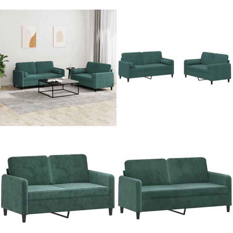 Vidaxl - 2-tlg. Sofagarnitur mit Kissen Dunkelgrün Samt - Samtsofa - Wohnlandschaft - Couch - Zweier Sessel - Dunkelgrünes Sofa - Home & Living