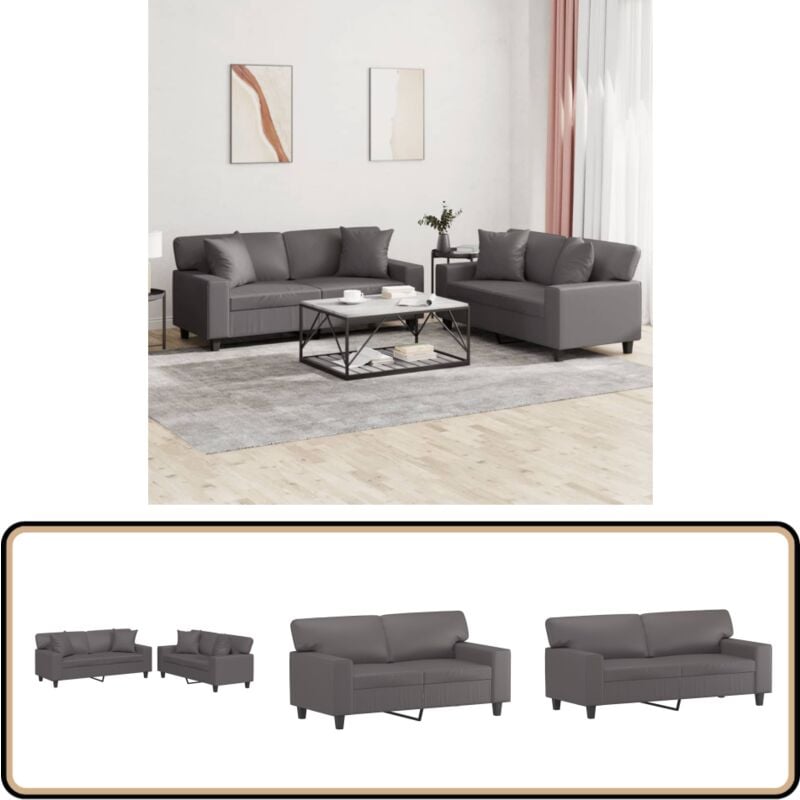 Vidaxl - 2-tlg. Sofagarnitur mit Kissen Grau Kunstleder - Couch - Sofa - Wohnlandschaft - Grau - Kunstleder