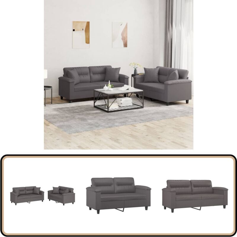 Vidaxl - 2-tlg. Sofagarnitur mit Kissen Grau Kunstleder - Couch - Sofa - Wohnlandschaft - Ledercouch - Graue Couch