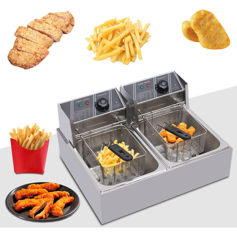 2 x 6L Edelstahl Fritteuse, Profi Elektrische Fritteuse 5000W 60℃-200℃, Öl-Friteuse Fritöse mit 2 Körbe, für Pommes oder Snacks, Doppeltank Fritteuse