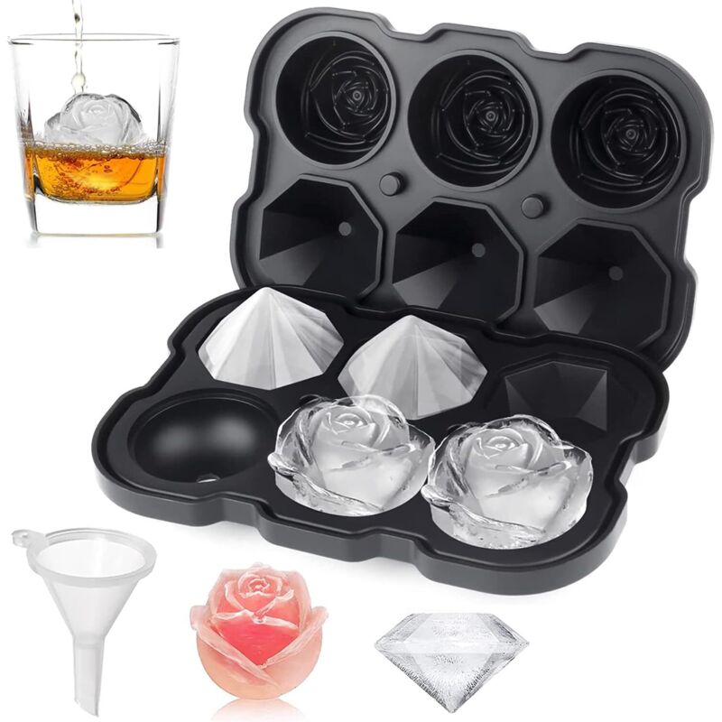 2 Zoll große Rosen-Eiswürfelschalen mit Abdeckungen, 3-Mulden-Silikon-Rosen-Eisschale und 3 Diamant-Eisball-Maker für gekühlte Cocktails, Whiskysaft,