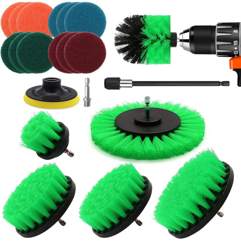 20 Stück Bohrmaschinen-Reinigungsbürste, Multifunktionale Schrauberbürste Reinigungsset für Bad, Küche, Teppiche, Böden, Fliesen, Auto, Felgen - Grün