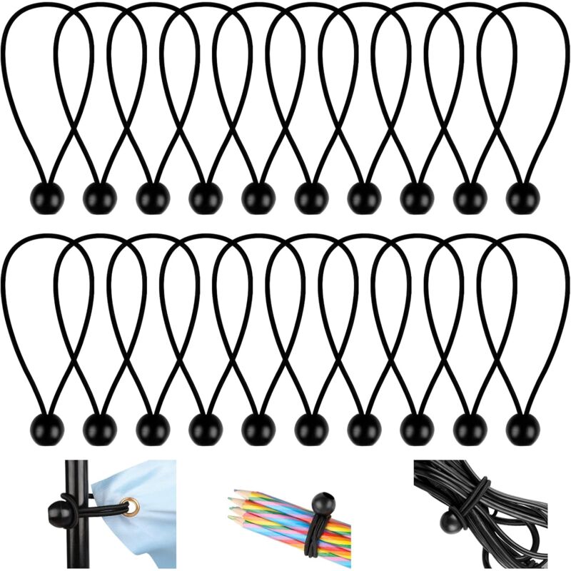 20 Stück Bungee-Spanner, 150 mm flexibler Bungee-Bungee, Ball-Bungee-Spanner, langlebige Bungee-Seile, für Banner, Planen, Camping, Zelte (schwarz)