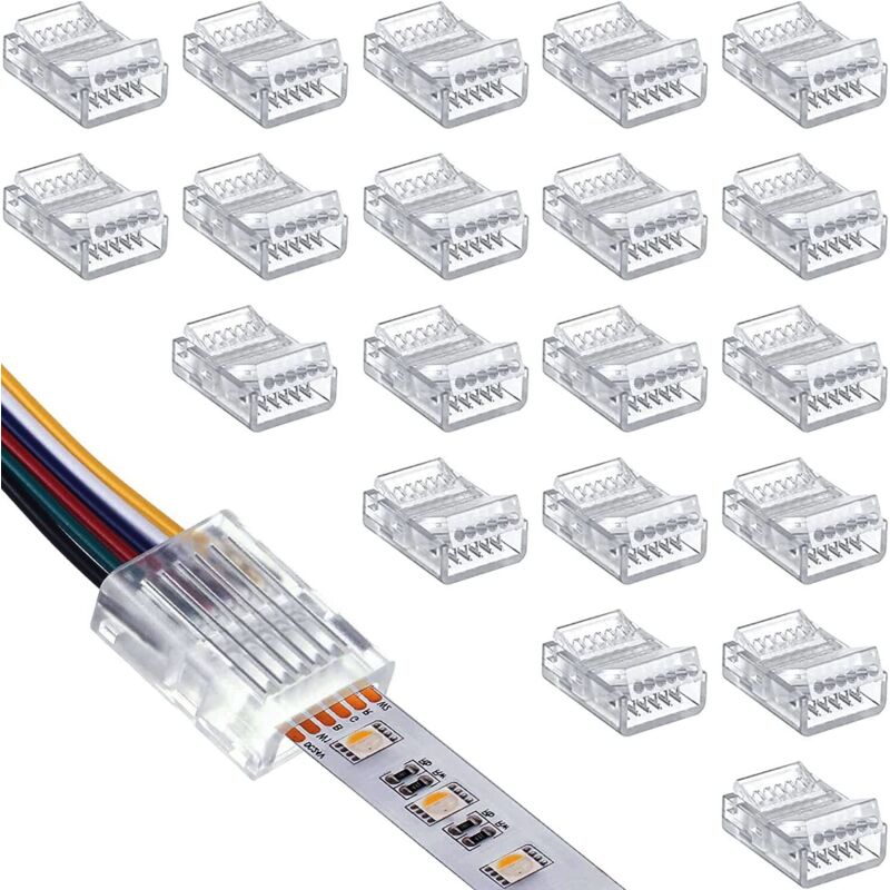 20 Stück LED Strip Connector 6 polig 12mm, LED lötfrei Streifenverbinder,6Pin Verbindungskabel Verbinder, für 12mm RGB-WW- oder RGB+CCT-LED 5V 12V