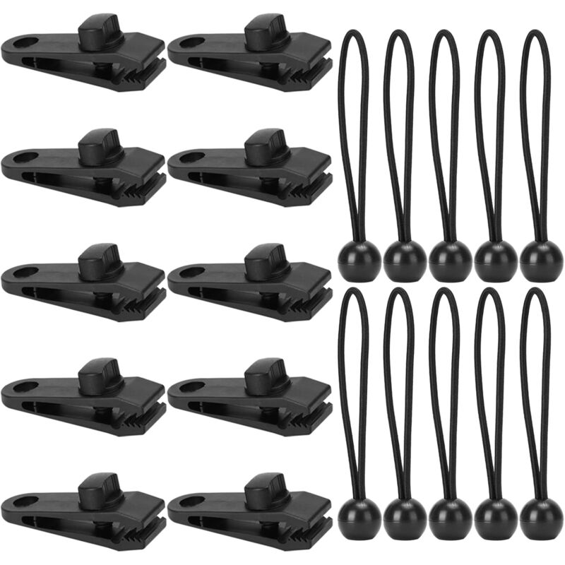 Memkey - 20 Stück Zelt-Clips, Planen-Clips, multifunktionale Markisenklemme, inklusive 10 elastischen Gummispannern, für Outdoor-Camping, Zelte,