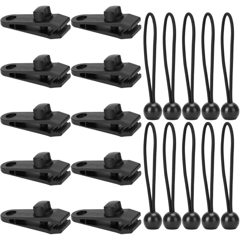 20 Zeltclips, Planenclips, multifunktionale Markisenclips, inklusive 10 elastischer Gummispanner, für Outdoor-Camping, Zelte, Markisen, Wohnwagen,