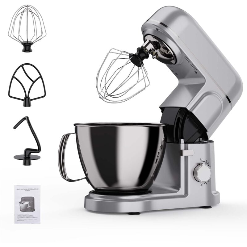 2000-W-Profi-Küchenmaschine, silber, Multifunktions-Küchenmaschine mit Schneebesen Rührbesen und Knethaken, 1 Edelstahlschüssel, 10