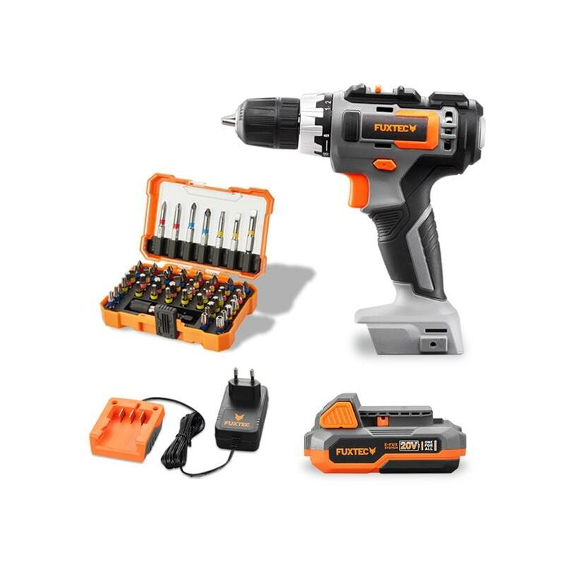 20V Akkuschrauber FX-E1BS20 set mit 2 x Akku 2Ah, 1 x Ladegerät 1A inkl. Bits Set - Fuxtec