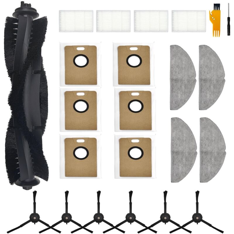 21-teiliges Zubehörset für Tapo RV30 Max Plus/RV30 Max/RV20 Max Plus/RV20 Max: 1 Hauptbürste, 4 Filter, 4 Taschen, 6 Staubbeutel, 6 Seitenbürsten.