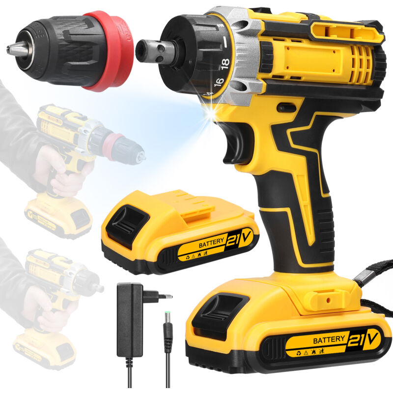 21V Akku-Bohrschrauber, Akkuschrauber mit 2 Akkus, 18 Drehmomenteinstellungen, 2 Geschwindigkeiten, led, für Heimwerker
