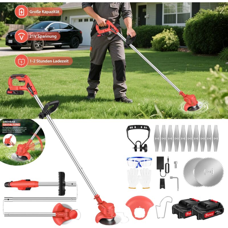 21V akku rasentrimmer grasschneider freischneider trimmer motorsense mit 2 akkus