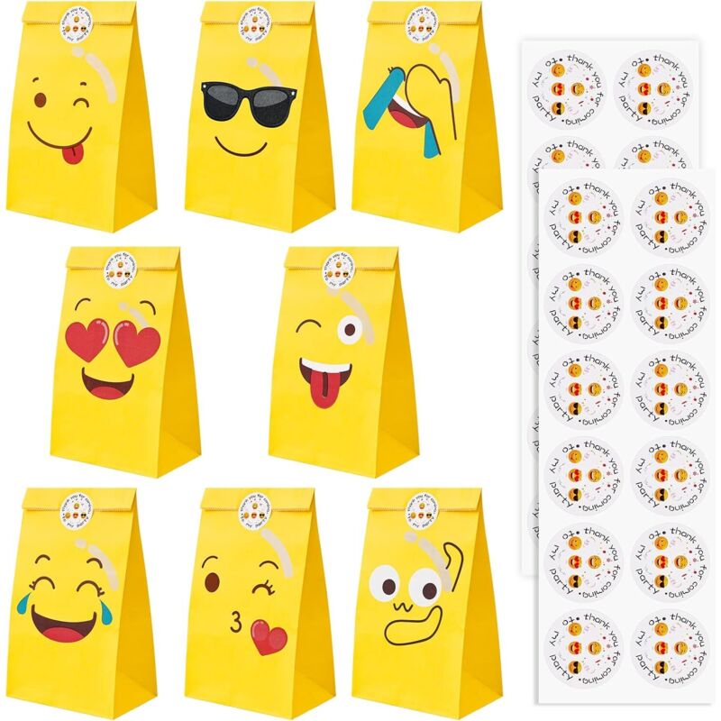 24 Stück Emoji-Bonbontüten, Papiergeschenktüten mit 24 Aufklebern, kleine Geburtstags-Bonbontüten, 8 Muster Papiergeschenktüten, für Verpackung,