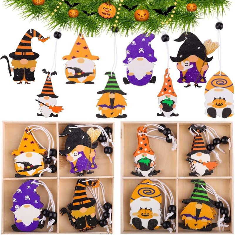 Bluedeer - 24 Stück Halloween Anhänger Holz, Halloween-Zwerge halten Fledermaus, Kürbis, Geister, Holzanhänger zum Aufhängen mit Seil für