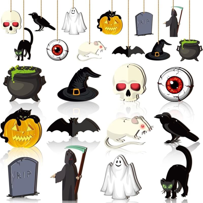 Bluedeer - 24 Stück Halloween Holz hängende Ornamente Holz Kürbis Geist Hexenhut Spinnen Fledermäuse Ornamente Halloween Holz Hängeschilder Halloween